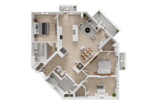 A top-down view of a house layout with a kitchen, living room, and two bedrooms.