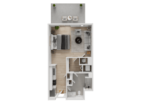 A top-down view of a small apartment layout with a kitchen, living room, and bathroom.
