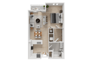 A top-down view of a small apartment with a kitchen, living room, and bedroom.