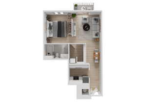 A top-down view of a small apartment with a kitchen, living room, and bedroom.