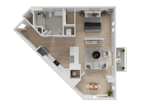 A top-down view of a house layout with a living room, kitchen, and two bedrooms.