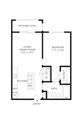 A floor plan of a house with a living room, dining room, kitchen, bathroom, and bedroom.