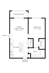 A floor plan of a house with a living room, dining room, kitchen, bathroom, and bedroom.