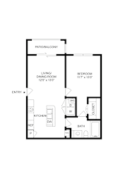 A floor plan of a house with a living room, dining room, kitchen, bathroom, and bedrooms.