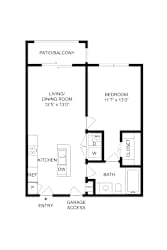 A floor plan of a house with a garage entry.