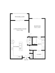 A black and white drawing of a house plan with a bedroom, living room, kitchen, bathroom, and closet.