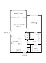 A floor plan of a home with a living room, dining room, kitchen, bathroom, bedroom, and closet.