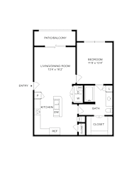 A floor plan of a small apartment with a living room, bedroom, kitchen, and bathroom.