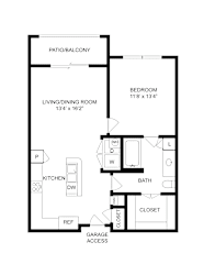 A black and white floor plan of a one bedroom apartment.