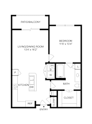 A floor plan of a small apartment with a living room, kitchen, bathroom, bedroom and closet.