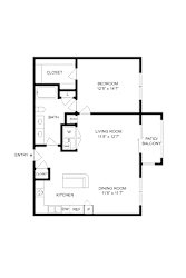 A floor plan of a house with a living room, dining room, kitchen, bathroom, and bedroom.