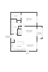 A floor plan of a house with a living room, dining room, kitchen, bathroom, bedroom and closet.