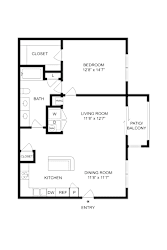 A floor plan of a house with a bedroom, living room, kitchen, and bathroom.