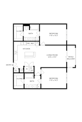 A floor plan of a two bedroom apartment with a living room and kitchen.