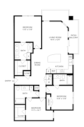 A floor plan of a house with two bedrooms, a living room, a dining room, a kitchen, a bathroom, and a patiow balcony.