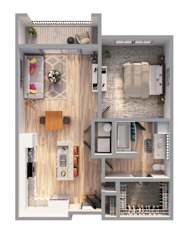 A top-down view of a small apartment with a kitchen, living room, and bathroom.