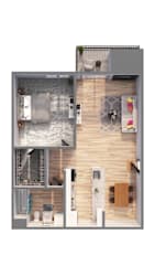 A top down view of a small apartment with a bedroom, living room, and kitchen.