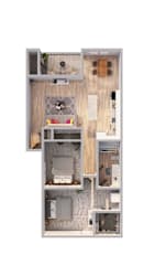 A top down view of a house layout with a kitchen, living room, and bedrooms.