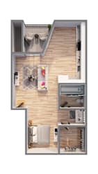 A top down view of a small apartment with a kitchen, living room, and bathroom.