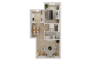 A top-down view of a house layout with a kitchen, living room, and bathroom.