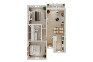 A top-down view of a two-bedroom apartment with a living room, kitchen, and bathroom.