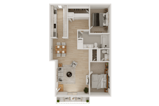 A top-down view of a modern apartment layout with a living room, kitchen, and bedrooms.