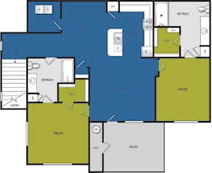 A floor plan of a house with rooms labeled as "REFRESH," "DREAM," and "RELAX."