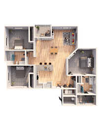 A 3D floor plan of a house with a living room, kitchen, and two bedrooms.