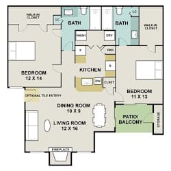 A floor plan of a house with two bathrooms, a kitchen, a dining room, and a living room.