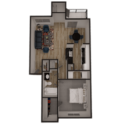 A top-down view of a small apartment with a kitchen, living room, and bathroom.