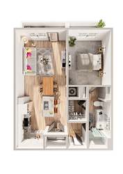 A dollhouse with a kitchen, living room, and bathroom.