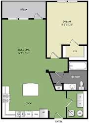 A floor plan of a house with a RELAX area, a DREAM area, a LIVE/DINE area, and a COOK area.