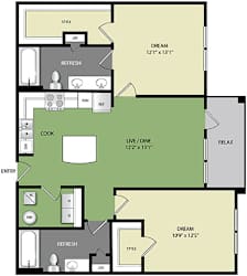 A floor plan of a house with a layout that includes a kitchen, living room, and two bedrooms.