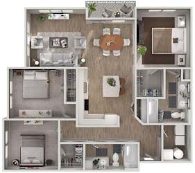 A 3D floor plan of a house with a kitchen, living room, dining room, and bathroom.