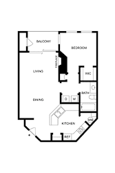 A floor plan of a house with a balcony, living room, dining room, kitchen, bathroom, and bedroom.