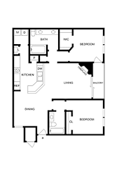 A black and white floor plan of a house with a living room, dining room, kitchen, two bedrooms, a bathroom, and a balcony.