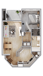 A top-down view of a small apartment layout with a kitchen, living room, and bedroom.