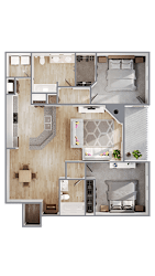 A floor plan of a house with a kitchen, living room, and two bedrooms.