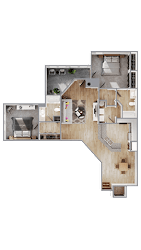 A floor plan of a house with a kitchen, living room, and two bedrooms.