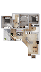 A floor plan of a house with a kitchen, living room, and two bedrooms.