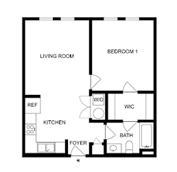 A floor plan of a small apartment with a living room, kitchen, bathroom, and two bedrooms.