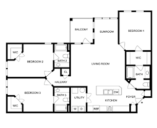 A floor plan of a house with three bedrooms, a living room, a kitchen, a foyer, a utility room, a balcony, and a sunroom.
