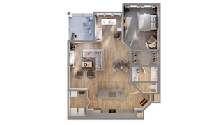 A floor plan of a house with a kitchen, living room, and two bedrooms.