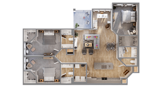 A detailed 3D floor plan of a house layout.