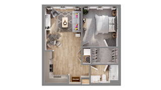 A floor plan of a hotel room with a bed, desk, and chair.