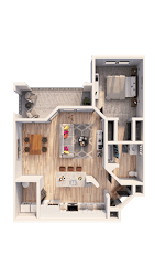A top-down view of a house layout with a living room, kitchen, and two bedrooms.