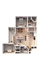 A floor plan of a house with a living room, kitchen, and two bedrooms.