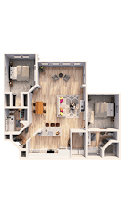 A floor plan of a house with a kitchen, living room, and two bedrooms.
