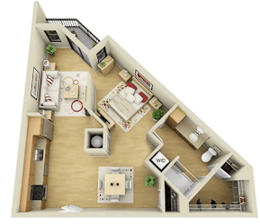 A 3D floor plan of a house with a living room, kitchen, and two bedrooms.