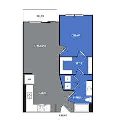 A floor plan of a house with labeled rooms such as RELAX, DREAM, STYLE, and COOK.